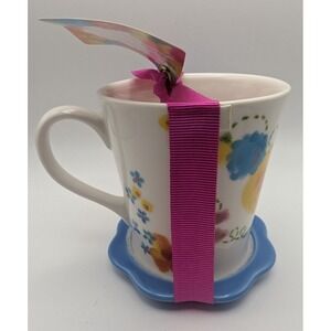 2006 STARBUCKS Floral Mug & Saucer Blue Pink Ceramic Coffee Cup Set NEW